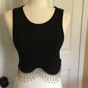 Cotton Candy Black Sparkly Fringe Crop Top with rhinestone fringe